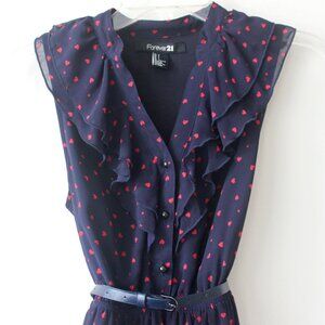 Forever 21 Navy Blue Red Heart Pattern Sleeveless Belt Ruffle Midi Dress Small